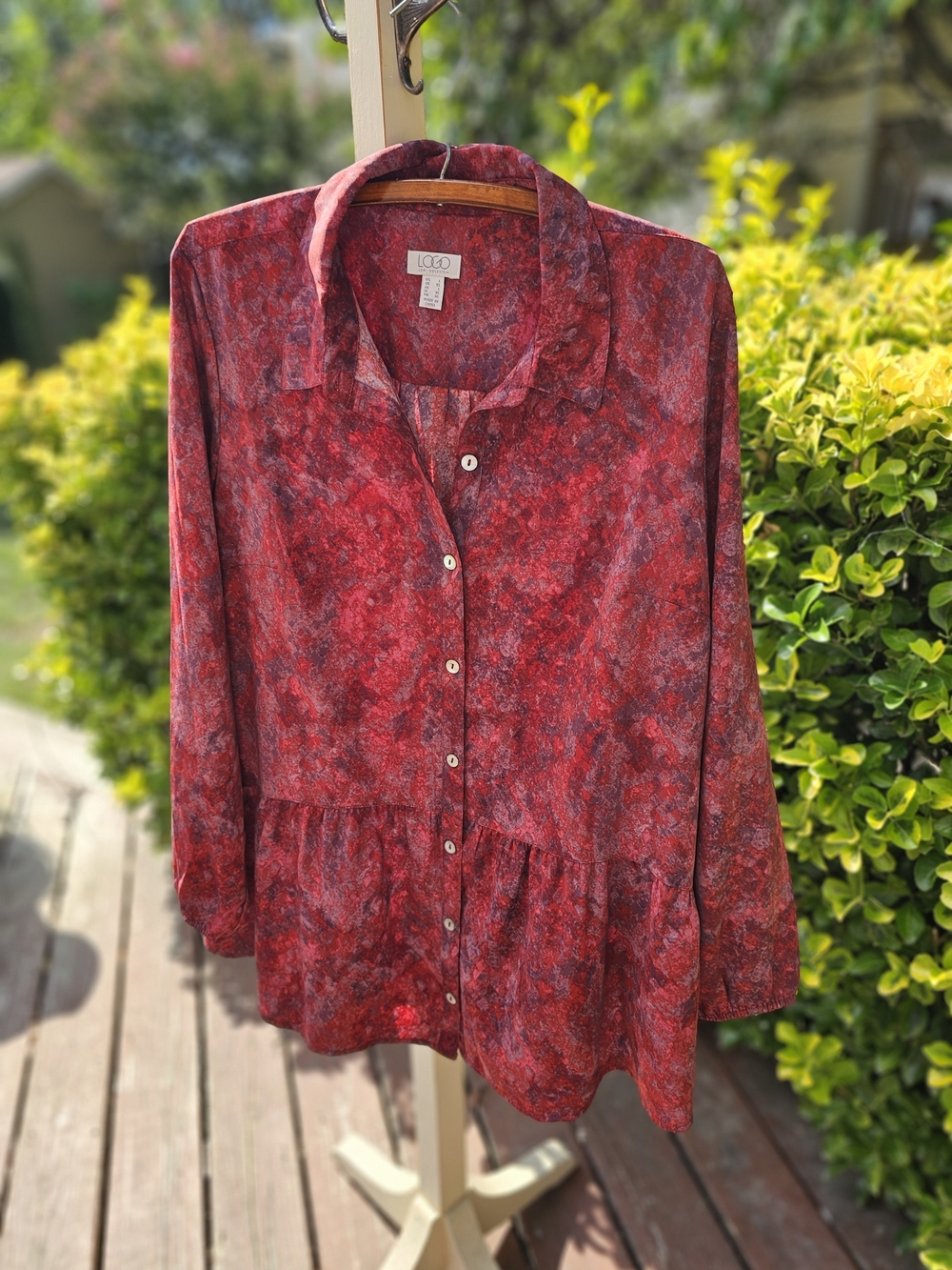 Logo Large Women’s Red Printed Button-Up Peplum Blouse